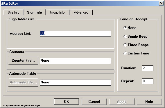 Software-AlphaNet-Site Editor-Sign Info Tab